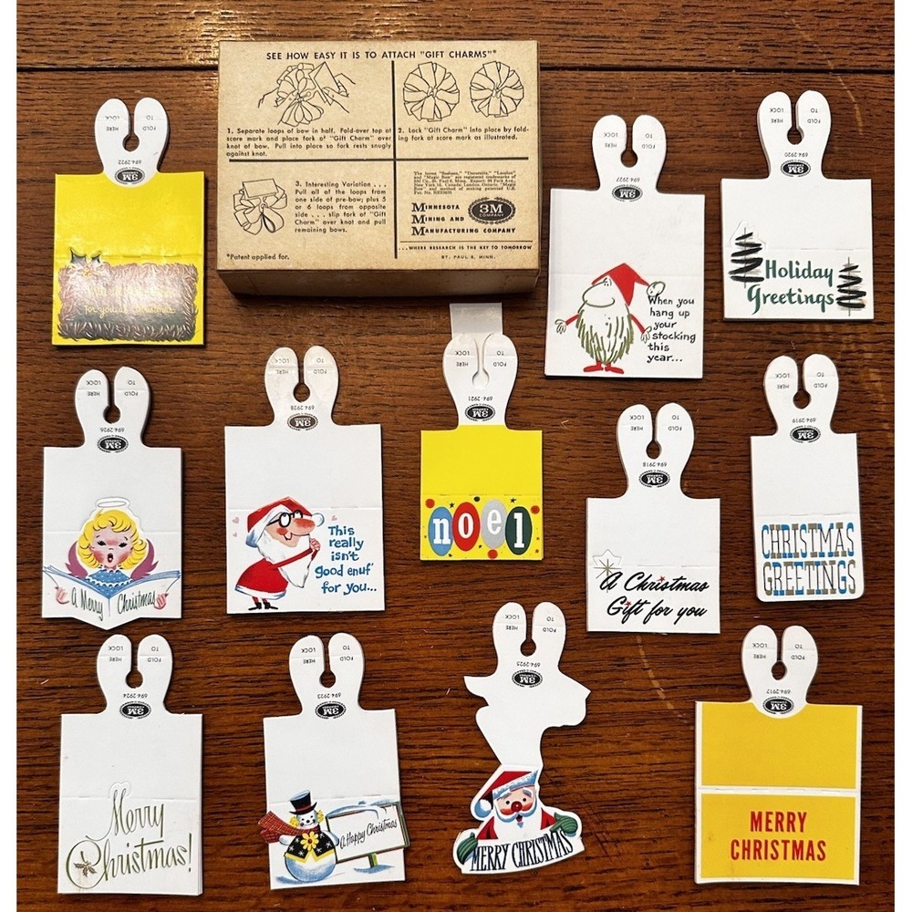 Vtg 3M Gift Charms Christmas Package Tags Boxed Set Lot 72 Pcs MCM 1950s (small)